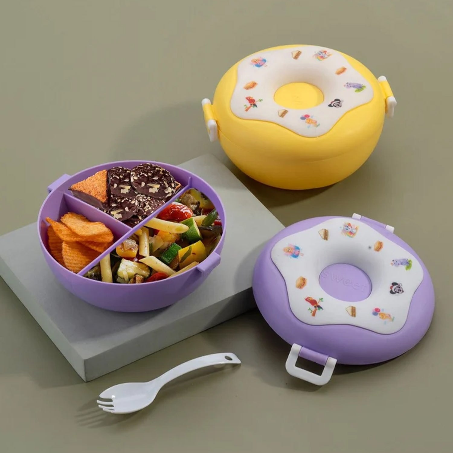 Donut Shaped Double Insulated 3 Compartment Lunch Box (1 Pc  Mix Color)