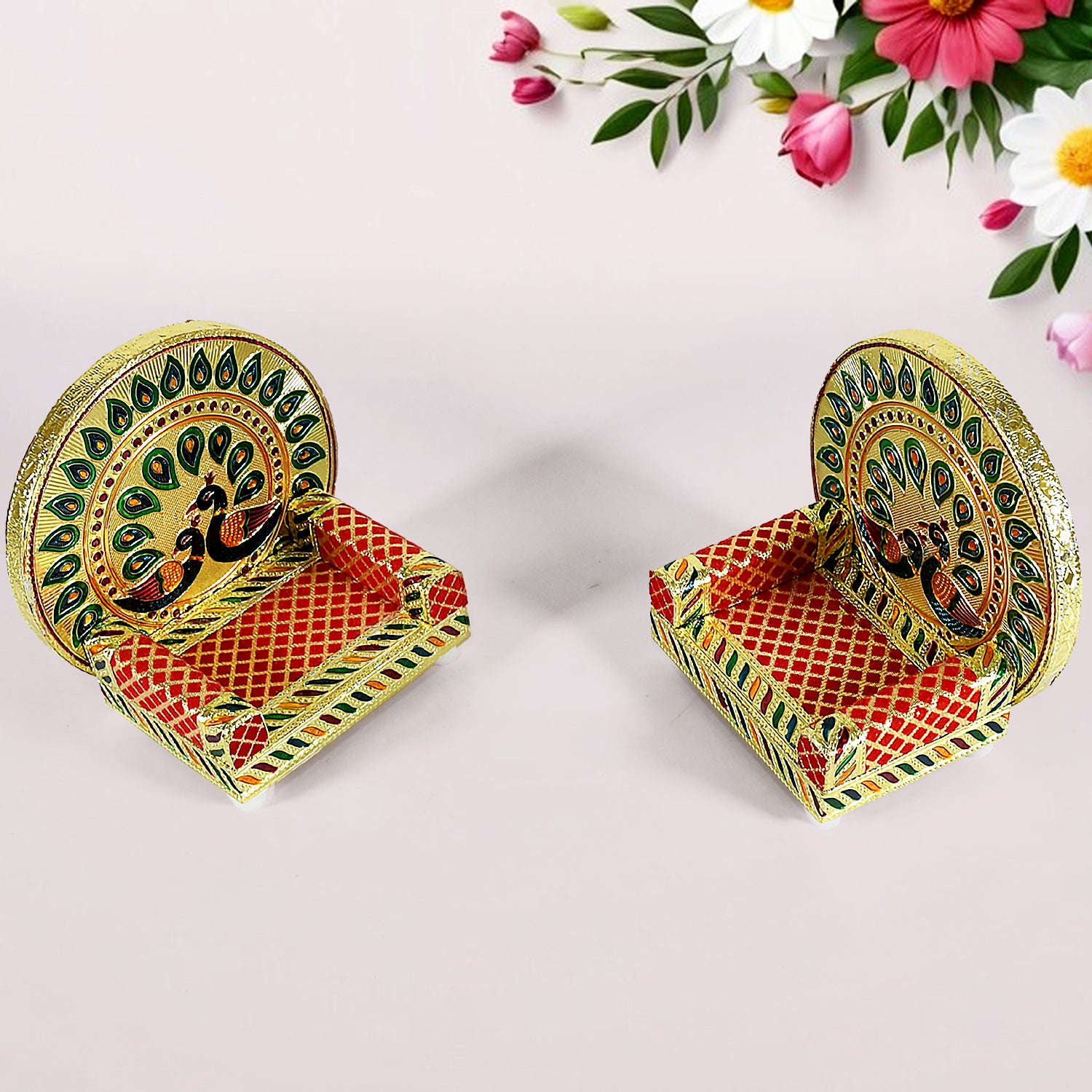 17697 Meenakari Work Laddu Gopal Singhasan For Pooja Mandir Wooden Krishna Ladoo Bal Gopal Sofa Asan Home Decorative Premium Look Decorative Singhasan Suitable For Home Office Restaurant (2 Pc Set)