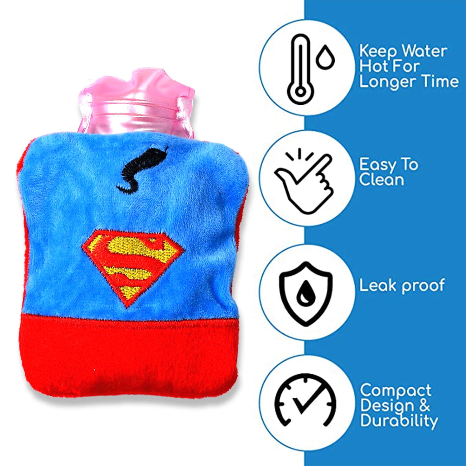 6530 Superman Print Small Hot Water Bag With Cover For Pain Relief Neck Shoulder Pain And Hand Feet Warmer Menstrual Cramps.