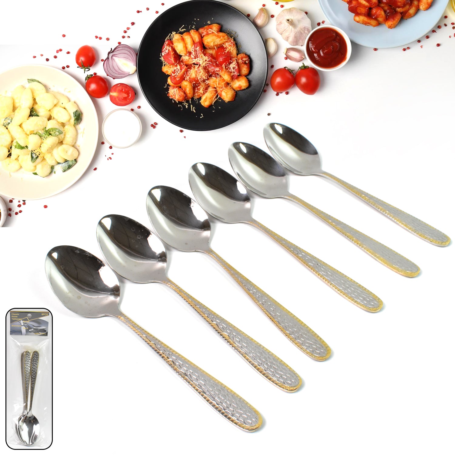 Stainless Steel Gold Bordered Textured Spoons Gold Plated Handle Set Of 6 Pc