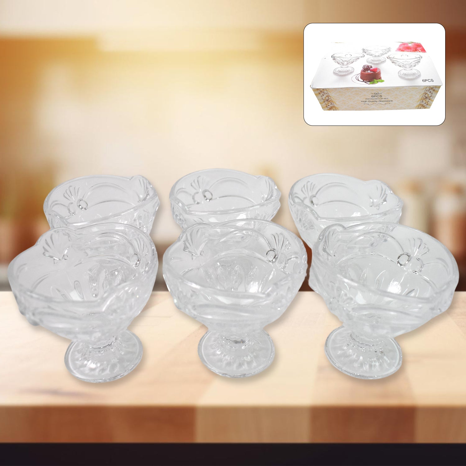 Glass Ice-cream Cup Set Home  Kitchen Serving Or Dessert Cup (6 Pcs Set)