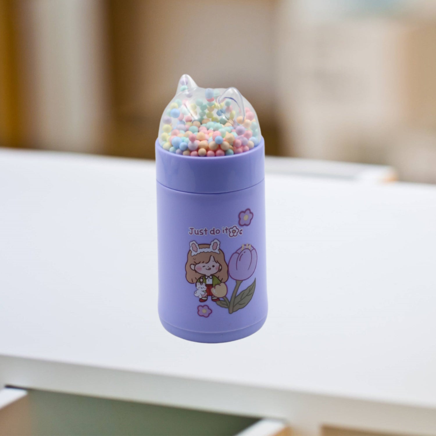 6953 Girl Glass Water Bottle For School With Kid Sparkle Strap Cat Lid Sequins Glitter Glass Cup Birthday Gift Children 350ml (Moq - 80 Pc)