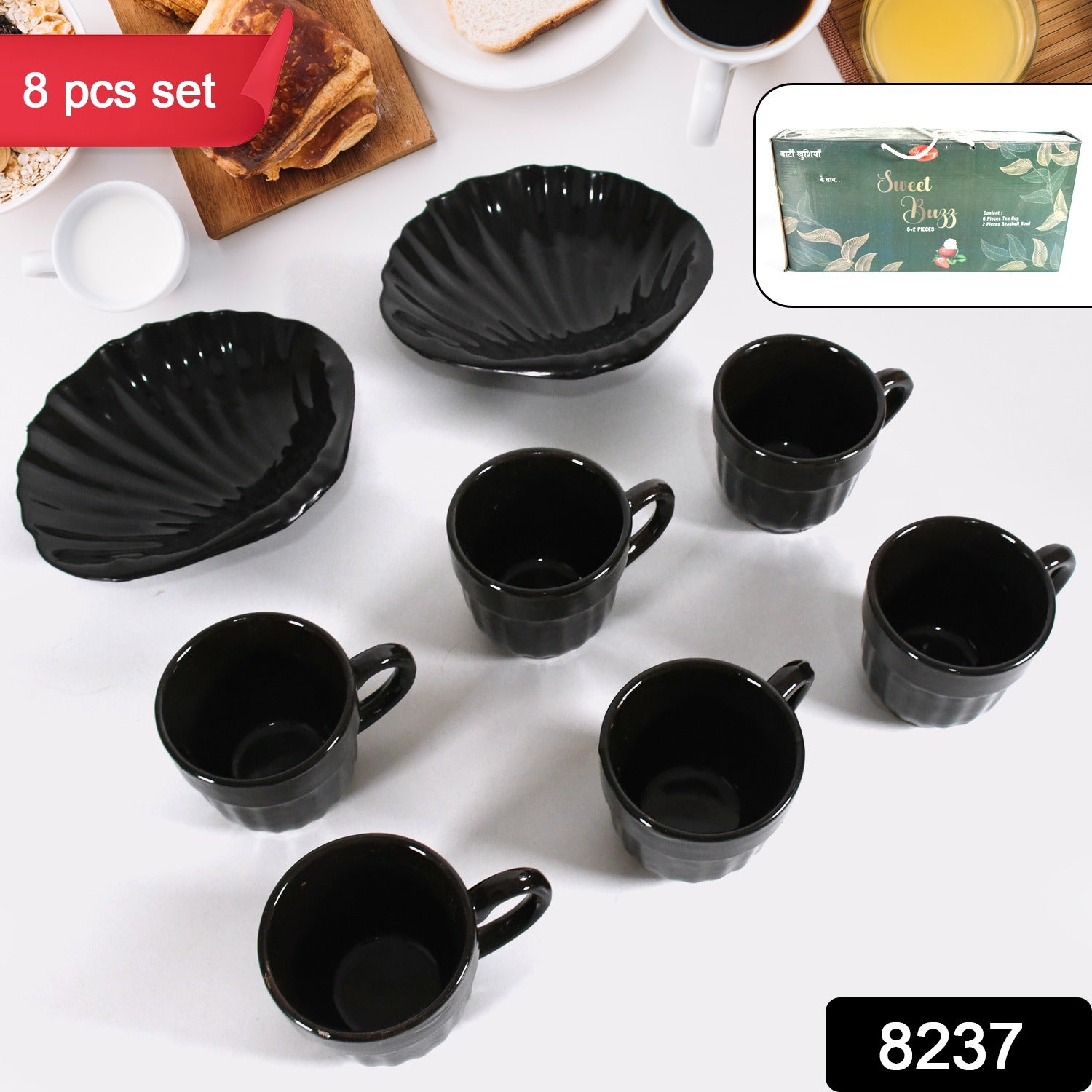 8237 Sweet Buzz Ceramic Tea  Cups  Mug Set With Seashell Shape Serving Bowl Milk Cup Coffee Cup Tea Cup Breakfast Cup Drinking Mug Or Outdoor For Household Gift For Birthday Wedding Party (8 Pcs Set)