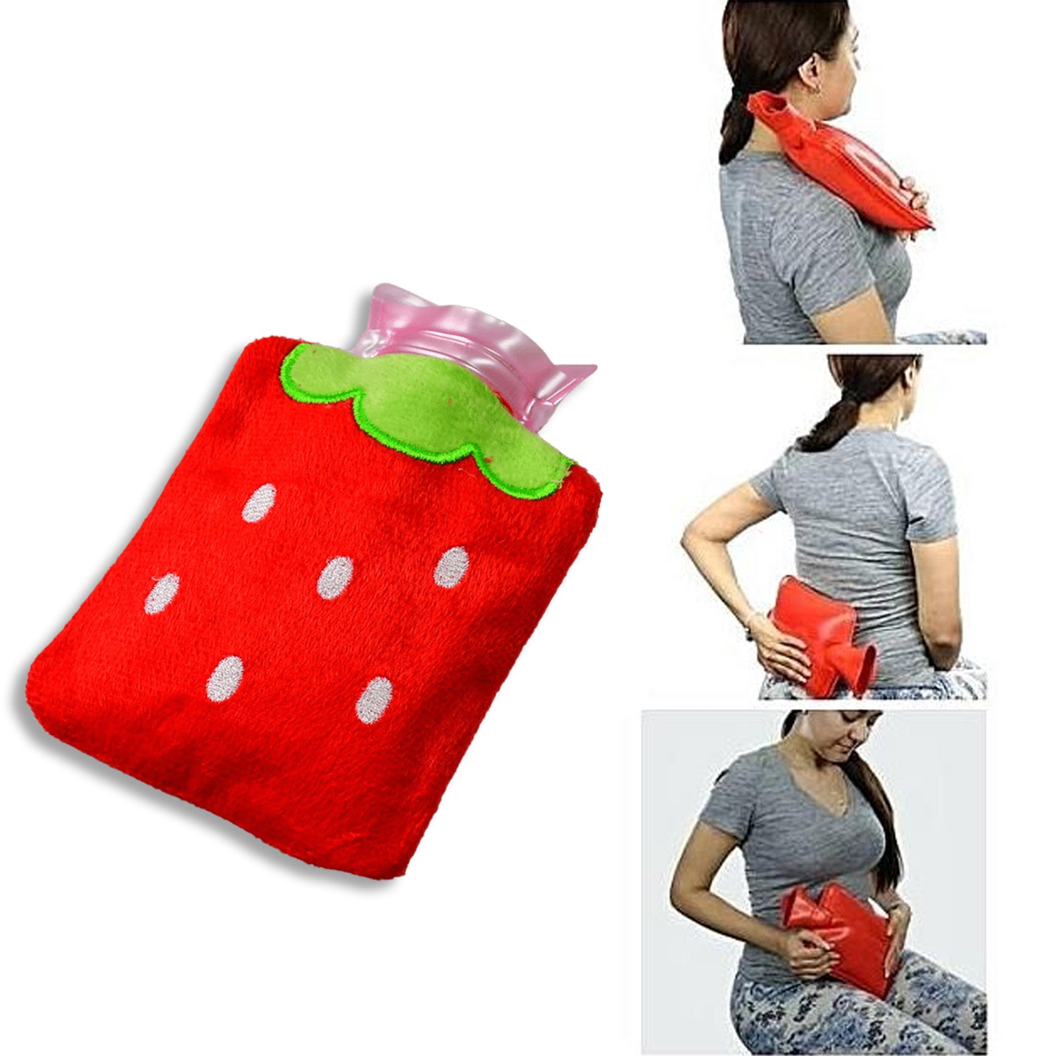 6516 Strawberry Small Hot Water Bag With Cover For Pain Relief Neck Shoulder Pain And Hand Feet Warmer Menstrual Cramps.