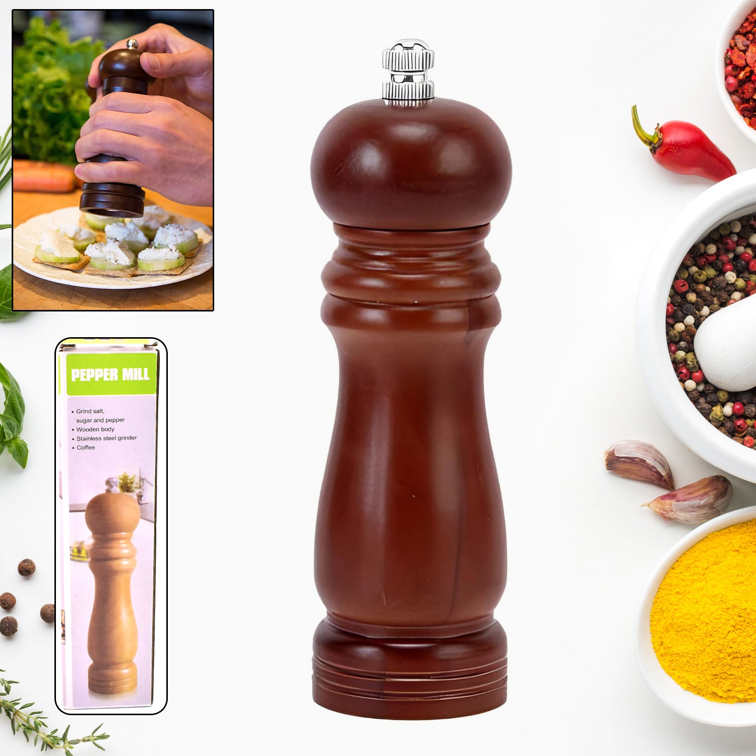 Wooden Pepper Mill 8 Inch Tall - Best Pepper Grinder (1 Pc)