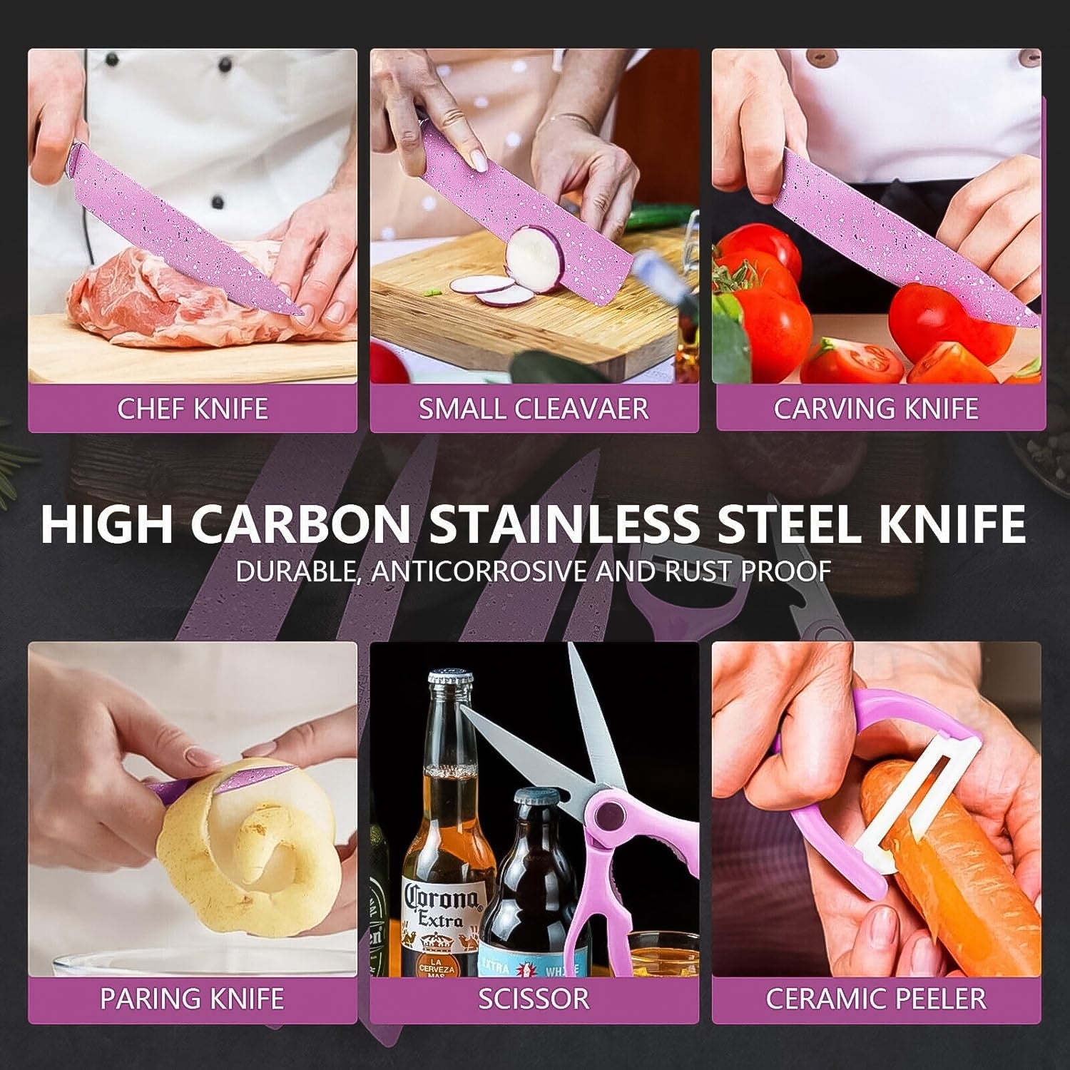 Stainless Steel Non Stick Ceramic Coating 6 Pcs Chef Kitchen Knife Set With Scissor  Peeler