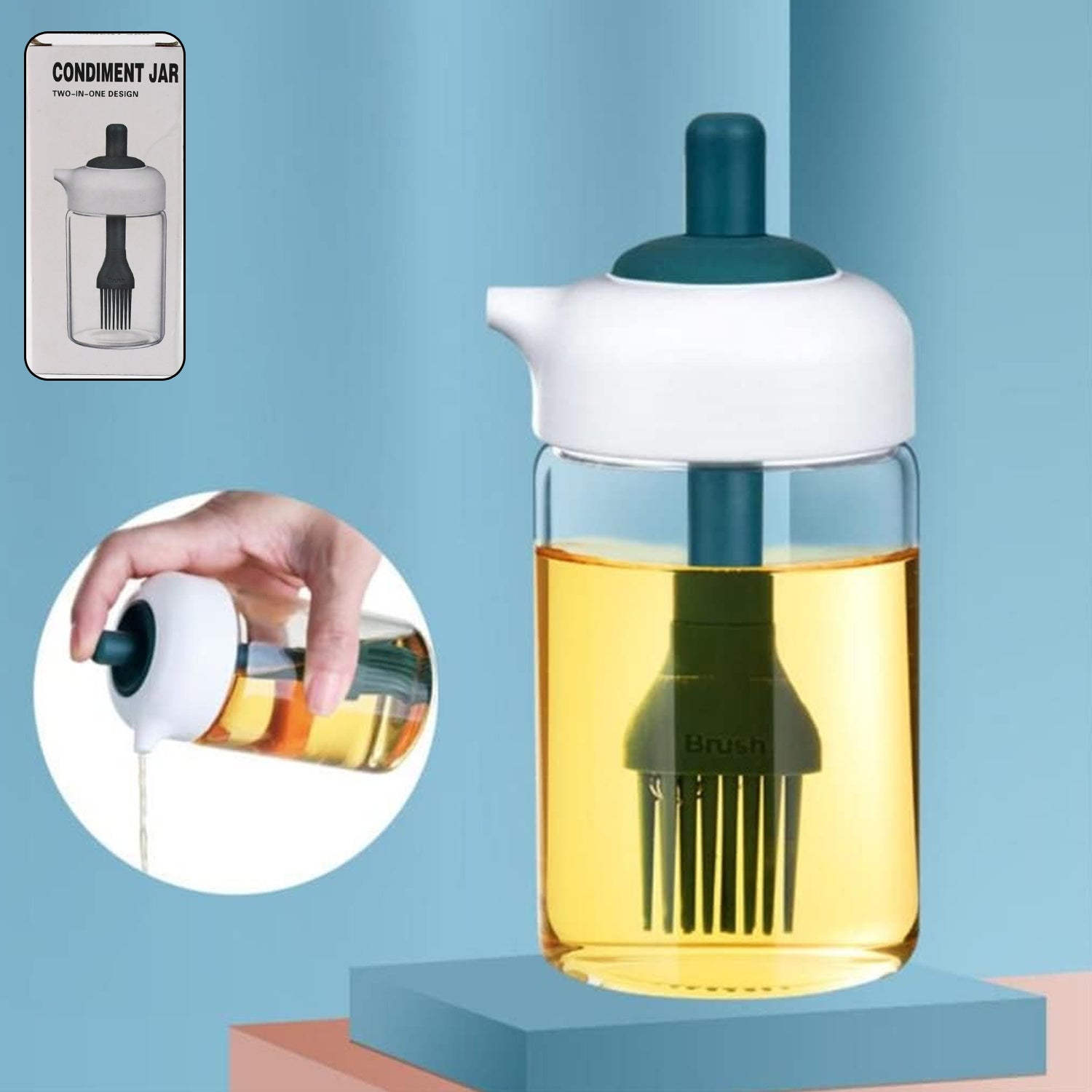 2 In 1 Glass Oil Dispenser Jar  Bottle With Brush (1 Set)