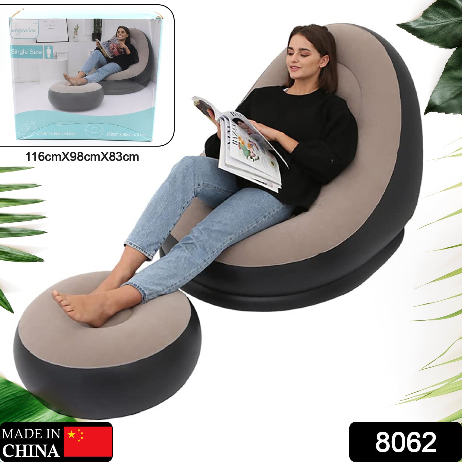 8062 Inflatable Sofa Lounge Chair Ottoman Blow Up Chaise Lounge Air Sofa Indoor Flocking Leisure Couch For Home Office Rest Inflated Recliners Portable Deck Chair For Outdoor Travel Camping Picnic.