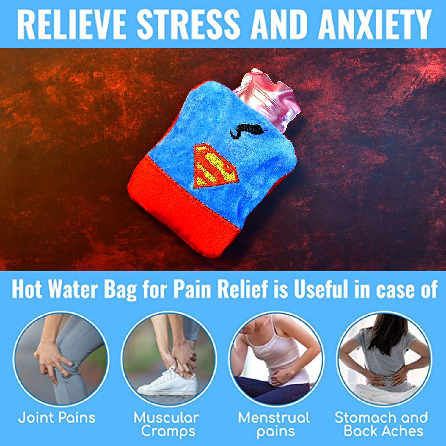 6530 Superman Print Small Hot Water Bag With Cover For Pain Relief Neck Shoulder Pain And Hand Feet Warmer Menstrual Cramps.