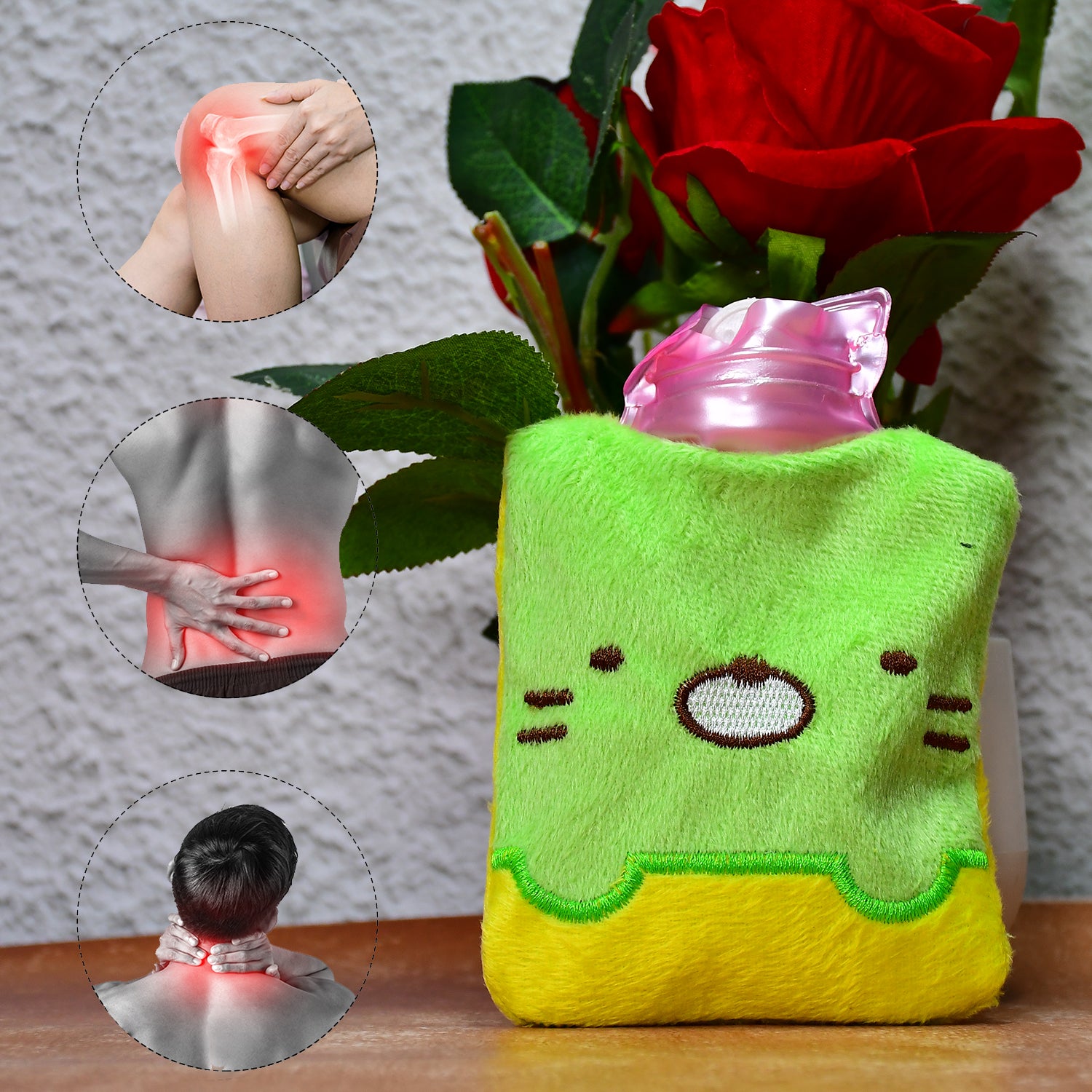 6514 Green Kitty Small Hot Water Bag With Cover For Pain Relief Neck Shoulder Pain And Hand Feet Warmer Menstrual Cramps.