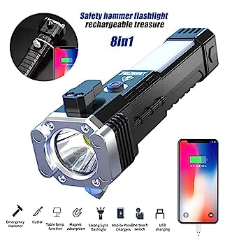 1524 Portable 3w Rechargeable Torch Led Flashlight Long Distance Beam Range Hammer And Strong Magnets Window Glass And Seat Belt Cutter 4 Modes For Car Camping Hiking Indoor Outdoor