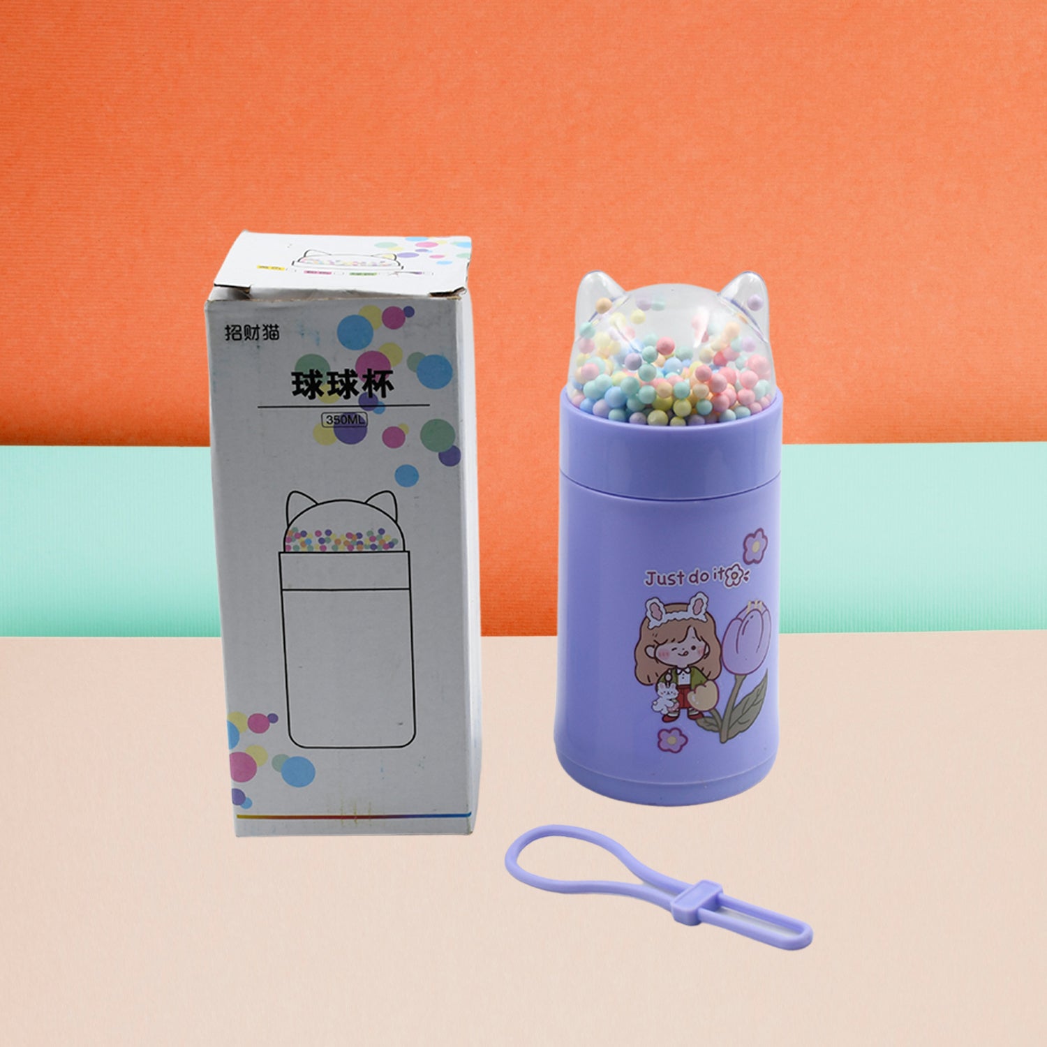 6953 Girl Glass Water Bottle For School With Kid Sparkle Strap Cat Lid Sequins Glitter Glass Cup Birthday Gift Children 350ml (Moq - 80 Pc)